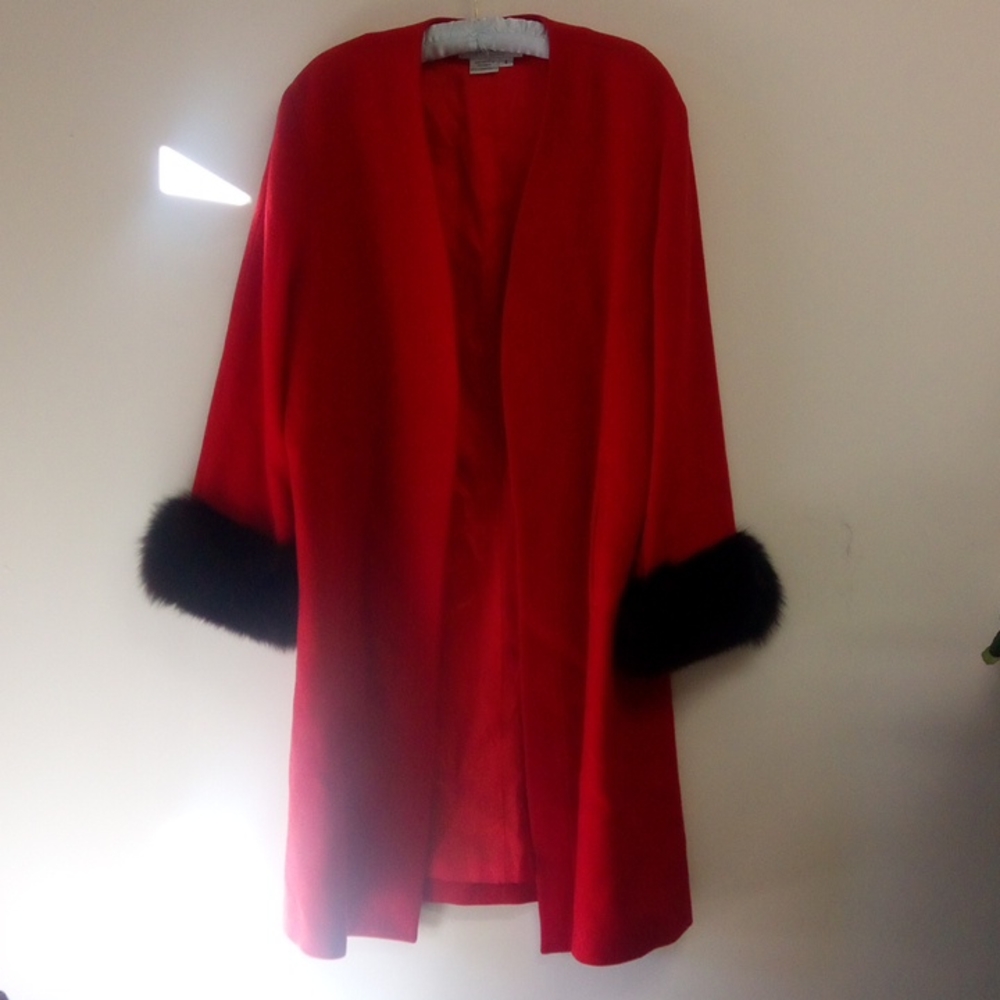 OLEG CASSINI VINTAGE RED & BLACK WOOL FUR TRIM LINED COAT SIZE 8